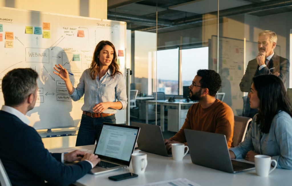 Uma sala de reuniões de escritório moderno com divisórias de vidro, iluminada pela luz solar quente do pôr do sol vindo de janelas ao fundo. No centro-esquerda, uma mulher de cabelo castanho comprido está em pé, virada para a direita e falando, gesticulando com a mão direita para um grande quadro branco atrás dela. Ela veste uma camisa polo azul clara e calças jeans escuras com um cinto marrom. O quadro branco contém diagramas desenhados à mão com canetas coloridas, post-its coloridos e texto; Três pessoas estão sentadas ao redor de uma mesa de conferência branca no primeiro plano, olhando para a apresentadora. Um homem de cabelo grisalho está sentado de costas para a câmera à esquerda, vestindo um paletó azul-escuro sobre uma camisa branca. No centro, um homem de óculos e barba, vestindo um suéter laranja/terracota, está sentado atrás de um laptop aberto. À direita, uma mulher em camisa de azul está sentada atrás de outro laptop aberto. Há xícaras de café brancas sobre a mesa. No fundo, à direita, atrás de uma parede de vidro, um homem mais velho de cabelo grisalho em paletó cinza está em pé com os braços cruzados e a mão no queixo, olhando para a reunião. Janelas grandes no fundo revelam uma vista desfocada da cidade e a luz dourada do sol poente.