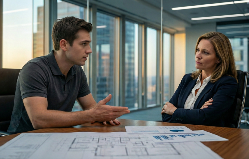 Duas pessoas sentadas em uma mesa de conferência de madeira em um escritório moderno com vista para a cidade. À esquerda, um jovem de cabelo curto castanho, vestindo uma camisa polo cinza escura, está sentado voltado para a direita. Ele olha para a mulher enquanto sua mão direita está estendida sobre a mesa com a palma para cima em um gesto de fala. À direita, uma mulher de cabelo loiro curto, vestindo um blazer azul-marinho e camisa branca, está sentada voltada para a esquerda com os braços cruzados sobre o peito, olhando atentamente para o homem. Sobre a mesa de madeira, há papéis com gráficos de barras azuis e texto. O fundo é dominado por grandes janelas do chão ao teto, revelando uma densa paisagem urbana com arranha-céus sob a luz suave do sol. Divisórias de vidro de escritório são visíveis no fundo à direita.