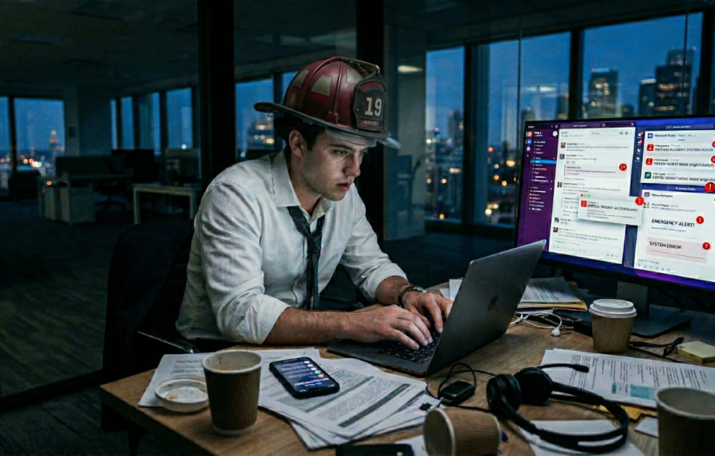 Homem com capacete de bombeiro trabalhando à noite no computador com várias telas de alertas e mesa cheia de papéis, representando um líder bombeiro sobrecarregado