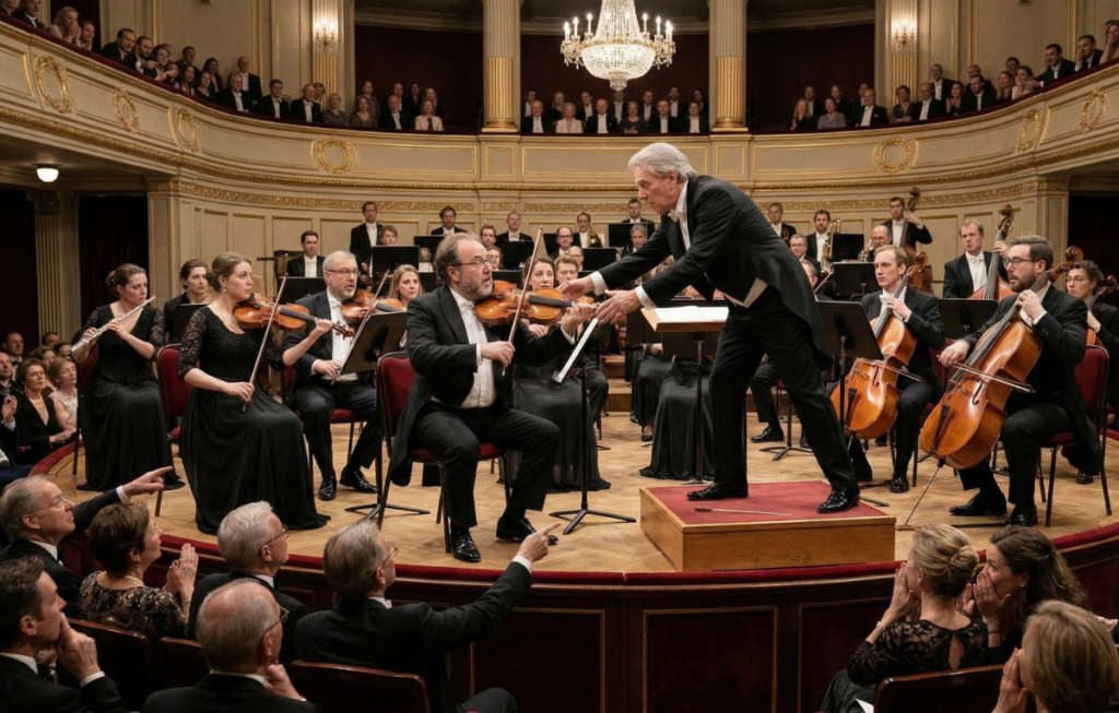 Uma sala de concertos clássica e ornamentada com múltiplos níveis de plateia e uma orquestra completa no palco. O foco central está na no palco, onde um maestro de cabelos grisalhos vestindo casaca preta com caudas, camisa branca e gravata borboleta preta está em pé sobre um pódio de madeira elevado. Ele está inclinado para frente e para baixo, estendendo as duas mãos para pegar o violino de um músico sentado. O músico sentado, diretamente à frente do maestro e também vestindo traje formal preto, está sentado em uma cadeira de estofado vermelho na borda frontal do palco e segura um violino e um arco. Atrás deles, dezenas de músicos de uma orquestra completa estão sentados em plataformas tiered com seus instrumentos e estantes de música, preenchendo o palco sob um grande lustre de cristal central pendurado. A plateia preenche as varandas de dois níveis com balaustradas com guarnições douradas que envolvem a sala. No primeiro plano, abaixo do palco, a plateia das cadeiras está sentada assistindo à cena; dois homens na frente, à esquerda, apontam o dedo indicador para a interação no palco.