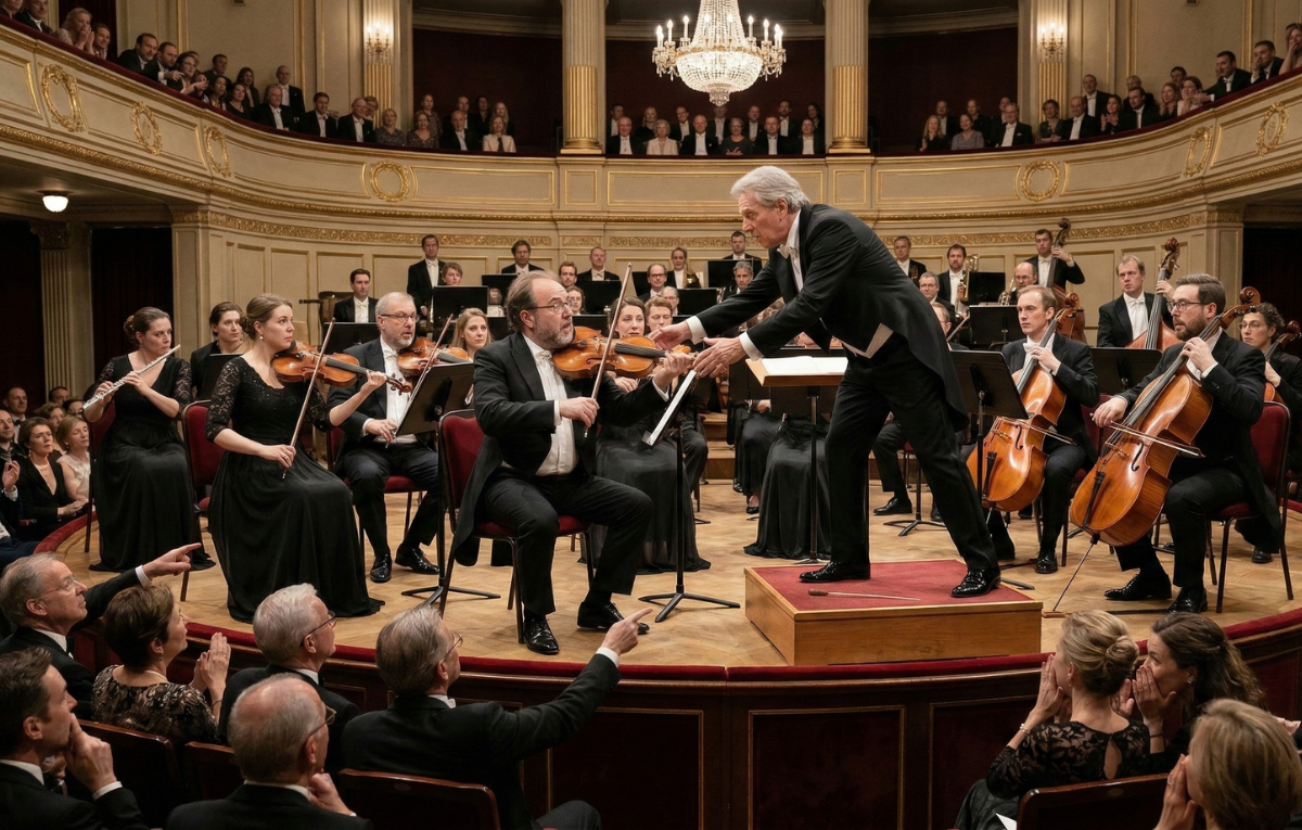 Uma sala de concertos clássica e ornamentada com múltiplos níveis de plateia e uma orquestra completa no palco. O foco central está na no palco, onde um maestro de cabelos grisalhos vestindo casaca preta com caudas, camisa branca e gravata borboleta preta está em pé sobre um pódio de madeira elevado. Ele está inclinado para frente e para baixo, estendendo as duas mãos para pegar o violino de um músico sentado. O músico sentado, diretamente à frente do maestro e também vestindo traje formal preto, está sentado em uma cadeira de estofado vermelho na borda frontal do palco e segura um violino e um arco. Atrás deles, dezenas de músicos de uma orquestra completa estão sentados em plataformas tiered com seus instrumentos e estantes de música, preenchendo o palco sob um grande lustre de cristal central pendurado. A plateia preenche as varandas de dois níveis com balaustradas com guarnições douradas que envolvem a sala. No primeiro plano, abaixo do palco, a plateia das cadeiras está sentada assistindo à cena; dois homens na frente, à esquerda, apontam o dedo indicador para a interação no palco.