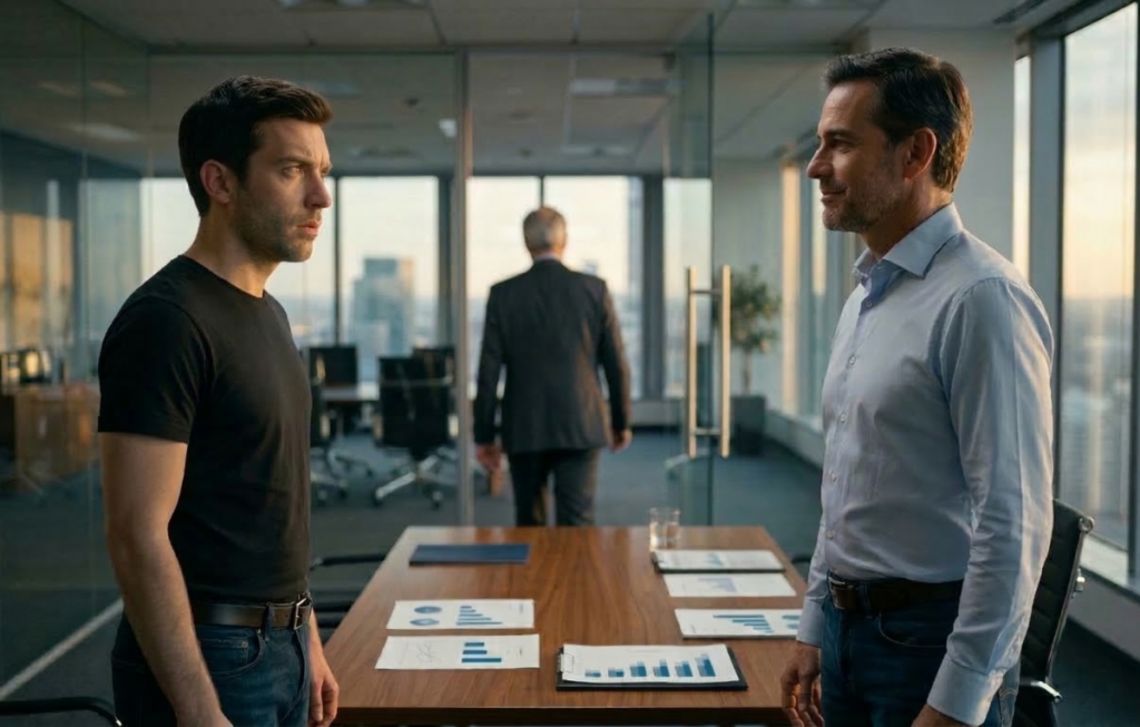 Uma fotografia de uma sala de um escritório moderno com divisórias de vidro. Em primeiro plano, dois homens estão em pé, de frente um para o outro, nos lados opostos de uma mesa de madeira. O homem à esquerda usa uma camiseta preta de mangas curtas, calça jeans azul e cinto preto; ele está voltado para a direita e olha com expressão séria. O homem à direita usa uma camisa de botões azul claro, calça jeans azul e cinto marrom; ele está voltado para a esquerda e sorri ligeiramente. Entre eles, sobre a mesa, há papéis com gráficos visíveis e um copo de água. Ao fundo, ao centro, um terceiro homem mais velho, vestindo um paletó cinza, caminha de costas através do escritório, afastando-se da sala. Grandes janelas do chão ao teto ao fundo revelam uma paisagem urbana.