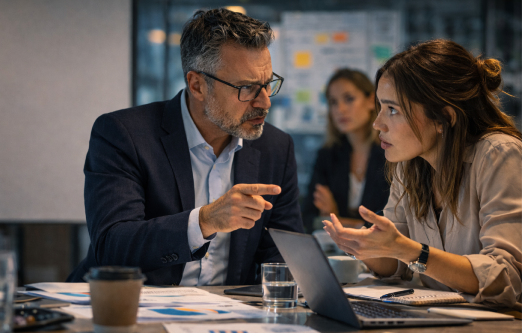 Artigo: Por que o projeto atrasou? Uma fotografia profissional de ambiente interno de duas pessoas em uma mesa de conferência em um escritório. Um homem de cabelos grisalhos, óculos, vestindo um blazer azul-marinho e camisa azul-clara, aponta o dedo indicador para uma mulher vestindo uma blusa bege. A mulher está de frente para ele, com as mãos abertas e levantadas em um gesto. A mesa está coberta com um laptop, documentos com gráficos, um copo de café descartável e um copo de água. Uma terceira pessoa senta-se no fundo desfocado ao lado de quadros brancos.
