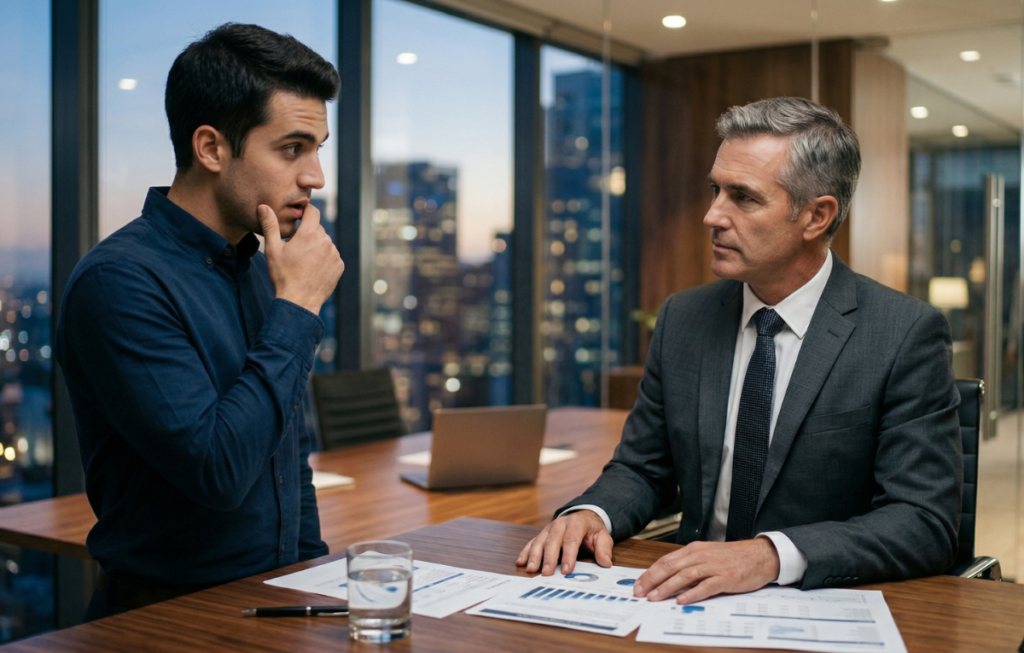 Dois profissionais em reunião de negócios, analisando relatórios e gráficos sobre mesa em sala executiva com vista para cidade ao entardecer. Artigo 18 - Como dar Feedback