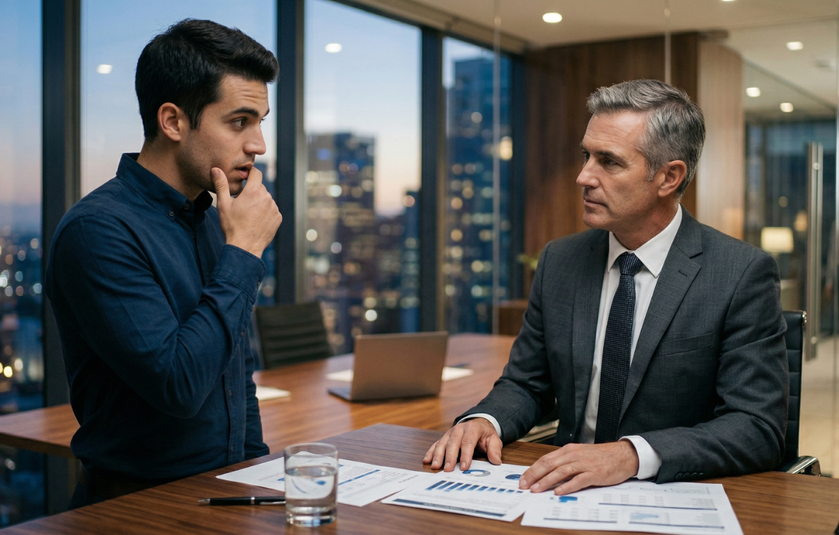 Dois profissionais em reunião de negócios, analisando relatórios e gráficos sobre mesa em sala executiva com vista para cidade ao entardecer. Artigo 18 - Como dar Feedback